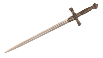 Old sword medieval weapon blade knight equipment with ornate handle isolated on white background