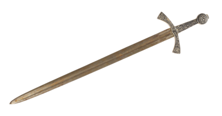 Old sword medieval weapon blade knight equipment with ornate handle isolated on white background