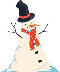 Cartoon snowman with a carrot nose and a top hat.