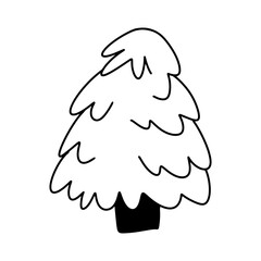 Christmas tree linear icon. Cute black fir tree icon on white background. Vector illustration. Holiday hand drawn decoration