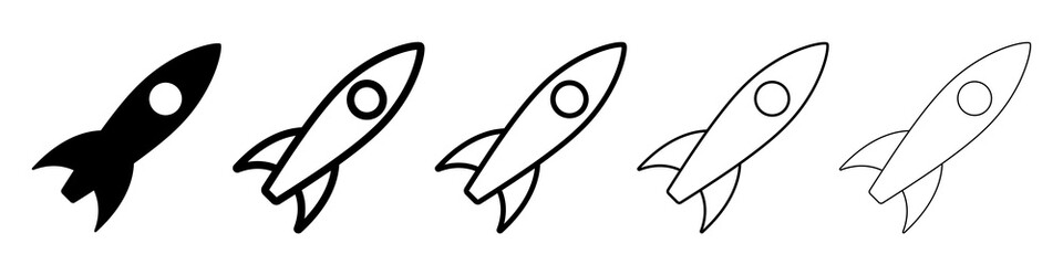 Shuttle icon. Set of black icons of spaceship. Vector illustration. Flat icons of rocket launch