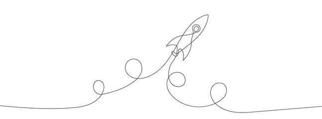 One continuous line drawing of spacecraft. Vector illustration. Rocket space ship launch. Spacecraft one line background.