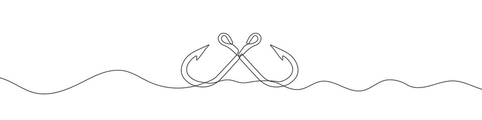 Continuous line drawing of fishing hook. One line icon of fishing hook. One line drawing background. Vector illustration. Line art of fishing hook