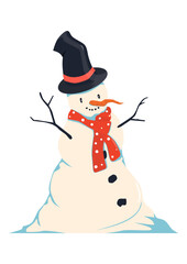 Cartoon snowman with a carrot nose and a top hat. Vector.