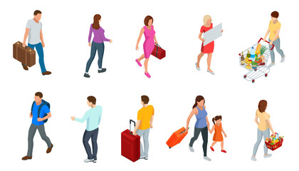 Fototapeta na wymiar Different isomeric people icons set. Isometric Tourism and Booking App