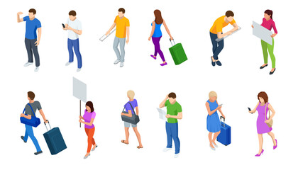 Fototapeta na wymiar Different isomeric people icons set. Isometric Tourism and Booking App.