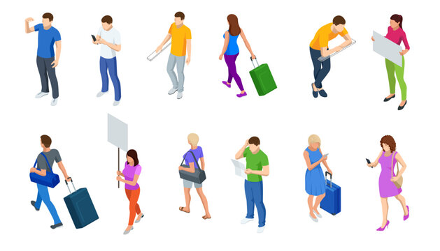 Different isomeric people icons set. Isometric Tourism and Booking App.
