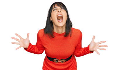 Young hispanic woman wearing casual clothes crazy and mad shouting and yelling with aggressive expression and arms raised. frustration concept.