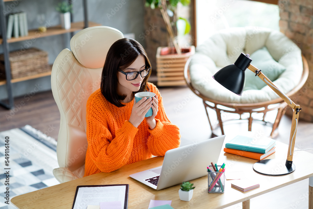 Wall mural portrait of attractive lady professional accountant sit chair enjoy hot tasty beverage read report m