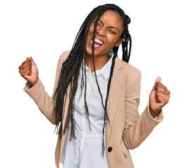 African american woman wearing business jacket very happy and excited doing winner gesture with arms raised, smiling and screaming for success. celebration concept.
