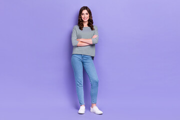 Full length photo of cheerful funny lady dressed stylish clothes arm folded rejoice new nice purchase isolated on purple color background