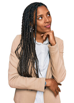 African american woman wearing business jacket with hand on chin thinking about question, pensive expression. smiling and thoughtful face. doubt concept.