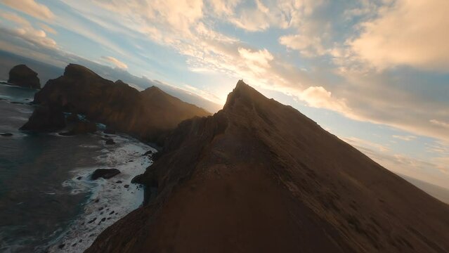 Drone flying over the sea, rocks, mountain and cliff on the island of madeira in Portugal