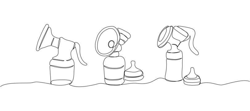 Set of breast pump with pacifier one line art. Continuous line drawing of milk, feeding, baby, newborn, child, baby food, breast milk, natural feeding.