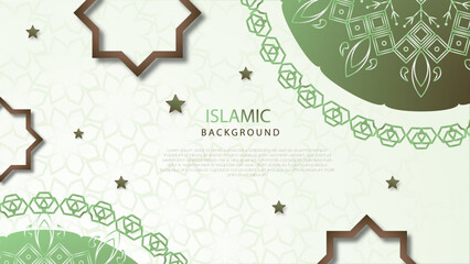 Ramadan Kareem template set with hanging illuminated lanterns, mandala design on green islamic seamless pattern background