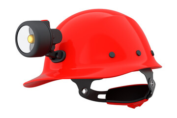 Red safety helmet or hard cap with flashlight isolated on wihte background