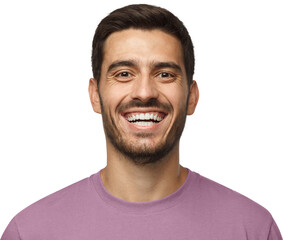 Close-up shot of handsome smiling broadly laughing young man in pink t-shirt