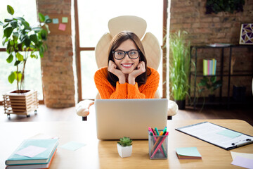 Portrait of attractive cheerful person arms touch cheeks sit chair use netbook spacious loft office...