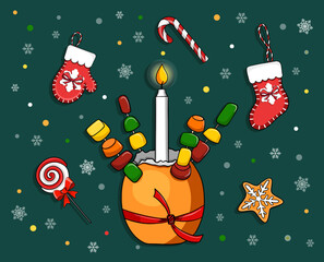 Christingle symbol tradition of celebrating Christmas in Britain. Orange and candle. Cartoon vector illustration