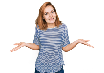 Young caucasian woman wearing casual clothes clueless and confused expression with arms and hands raised. doubt concept.