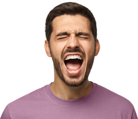 Close-up portrait of screaming with closed eyes crazy young man
