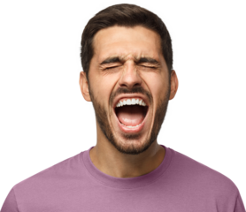 Close-up portrait of screaming with closed eyes crazy young man