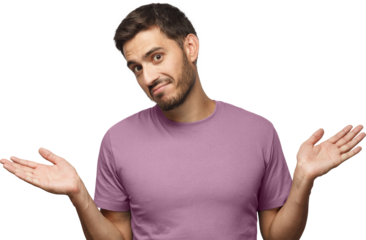 I don't know. Portrait of young confused man in blue t-shirt standing and shrugging shoulders, spreading hands isolated on gray background. I dunno