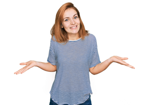 Young caucasian woman wearing casual clothes clueless and confused expression with arms and hands raised. doubt concept.