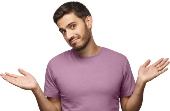 I don't know. Portrait of young confused man in blue t-shirt standing and shrugging shoulders, spreading hands isolated on gray background. I dunno