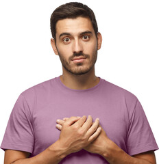 Kind hearted friendly nice guy shows kindness, wearing blue t-shirt. Smiling positive young man...