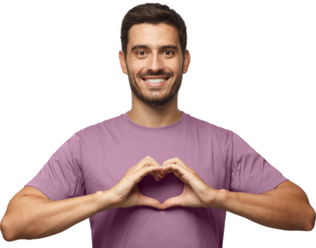 Portrait of young smiling man in blue t-shirt showing heart sign isolated on gray background