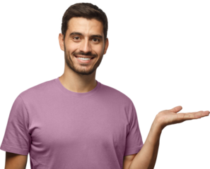 Young smiling man showing on the right with empty hand or on palm. Copy space for your product
