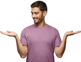 Choice concept. Portrait of young man choosing between 2 different options, holding two hands with empty space, isolated on gray background