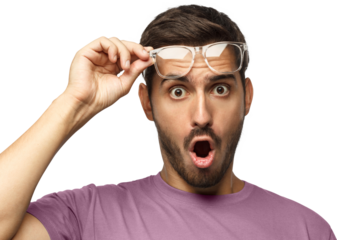 Young man in pink t-shirt shouting OMG with open mouth, surprised by low prices and sale