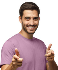 Hey you! Young man in pink t-shirt pointing to camera with fingers