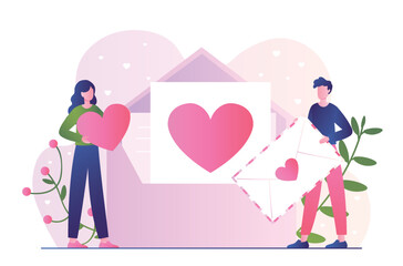 Love letter concept. Man and woman with envelopes with hearts, romantic correspondence. Communication and interaction. Care and support, young couple in love. Cartoon flat vector illustration