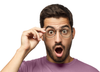 Young man shouting oh my god with open mouth, holding round glasses, surprised by low price and sales