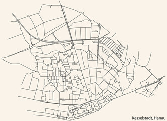 Detailed navigation black lines urban street roads map of the KESSELSTADT MUNICIPALITY of the German town of Hanau, Germany on vintage beige background