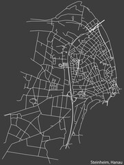 Detailed negative navigation white lines urban street roads map of the STEINHEIM MUNICIPALITY of the German town of HANAU, Germany on dark gray background