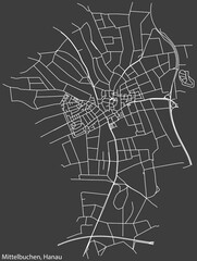 Detailed negative navigation white lines urban street roads map of the MITTELBUCHEN MUNICIPALITY of the German town of HANAU, Germany on dark gray background