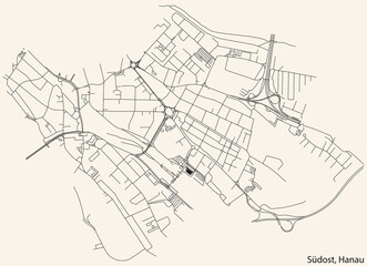 Detailed navigation black lines urban street roads map of the SÜDOST MUNICIPALITY of the German town of Hanau, Germany on vintage beige background