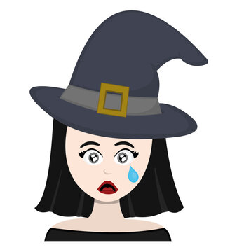 vector illustration of a cartoon witch with a sad expression, crying with a tear falling from her eye