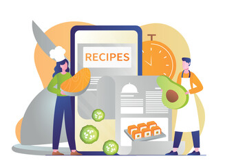 Recipes online concept. Women in chefs hat with vegetables and fruits. Vitamins and useful elements, healthy food and vegetarian diet. Salad preparation metaphor. Cartoon flat vector illustration