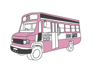 illustration of a vintage pink mini bus used during the 90s at Kuala Lumpur, Malaysia