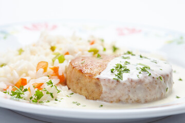 cutlet with rice and sauce