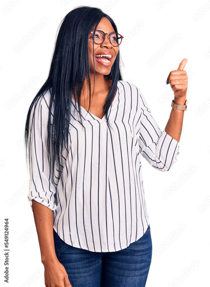 Poster young african american woman wearing casual clothes and glasses smiling with happy face looking and 