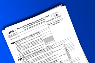 Naklejka na ściany i meble Form 8610 documentation published IRS USA 11.17.2021. American tax document on colored