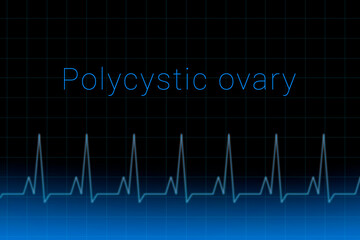 Polycystic ovary disease. Polycystic ovary logo on a dark background. Heartbeat line as a symbol of human disease. Concept Medication for disease Polycystic ovary.