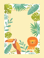 Safari frame concept. Bird and lion on background of tropical and exotic foliage. Tropics and exotic, botany. Flora and fauna, jungle. Poster or banner for website. Cartoon flat vector illustration