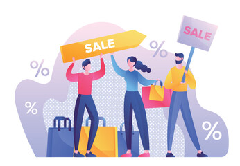 People with sale. Special offer for regular customers and clients, modern marketing methods. Promotion of goods and services on Internet. Bonuses and prizes. Cartoon flat vector illustration